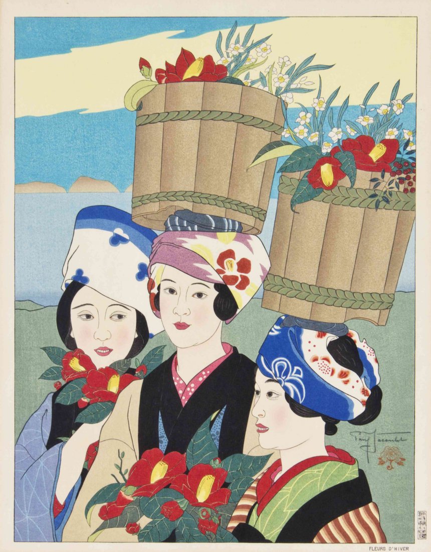 A Woodblock Print, Paul Jacoulet (French, 1902û1960),: A Woodblock Print, Paul Jacoulet (French, 1902û1960), Fleurs d'Hiver, signed Paul Jacoulet with floral seal to the lower right within the image, marked with title, Oshima Japon and publisher's stamp 