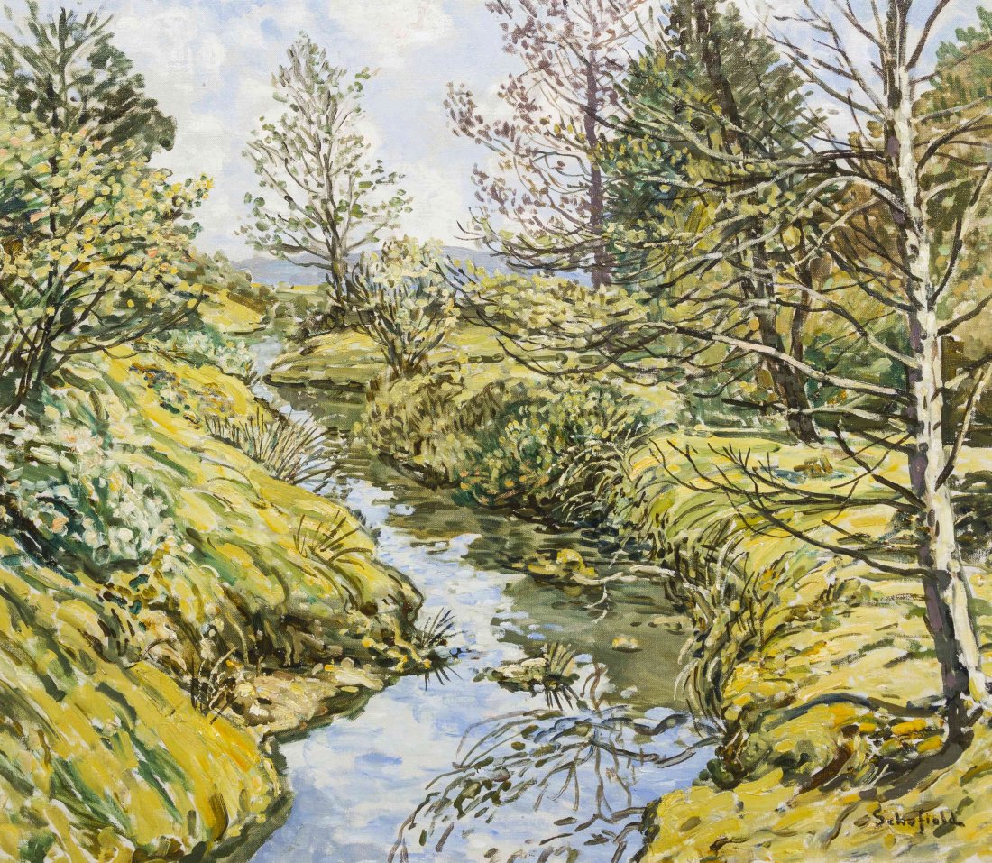 Walter Elmer Schofield, (American, 1867-1944), Summer: Walter Elmer Schofield (American, 1867-1944) Summer Morning oil on canvas signed Schofield (lower right) 26 1/4 x 30 inches. Provenance: Hanzel Galleries