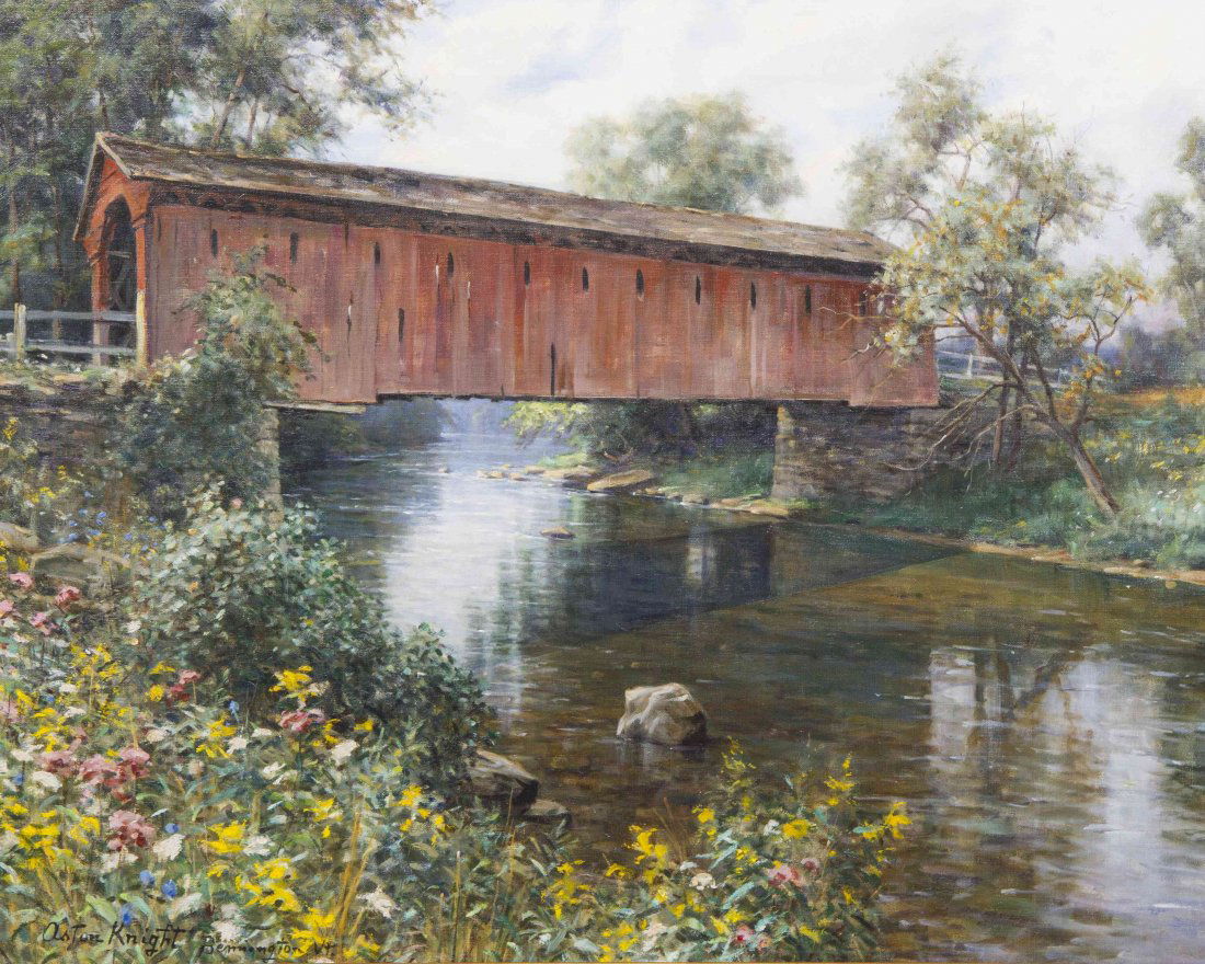 Louis Aston Knight, (American, 1873-1948), Old Covered: Louis Aston Knight (American, 1873-1948) Old Covered Bridge, Vermont, c. 1915-1918 oil on canvas signed Aston Knight and inscribed (lower left) 26 x 32 inches. Provenance: Span