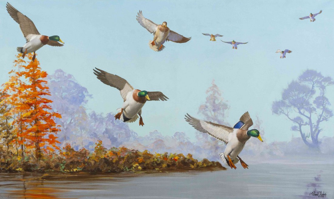 Richard E. Bishop, (American, 1887-1975), Ducks: Richard E. Bishop (American, 1887-1975) Ducks Landing, 1966 oil on canvas signed Richard E. Bishop and dated (lower right) 33 1/2 x 55 1/2 inches. Property from the Estate of Elizabet