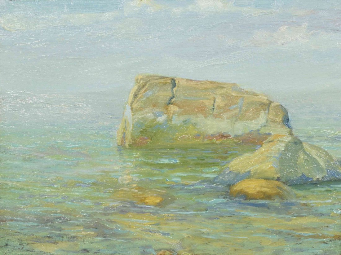 Whitney Hubbard, (American, 1875-1965), Emerald Sea: Whitney Hubbard (American, 1875-1965) Emerald Sea Point, Orient Point oil on board signed Whitney M. Hubbard (lower left) 15 1/2 x 17 inches.