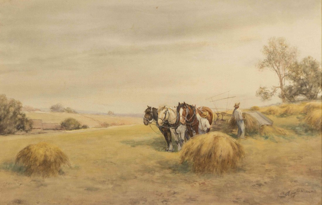 Frank F. English, (American, 1854-1922), Harvesting Hay: Frank F. English (American, 1854-1922) Harvesting Hay watercolor and gouache on paper signed F F English (lower right) 18 1/4 x 28 inches. Property from the Collection of Ed and Dolor