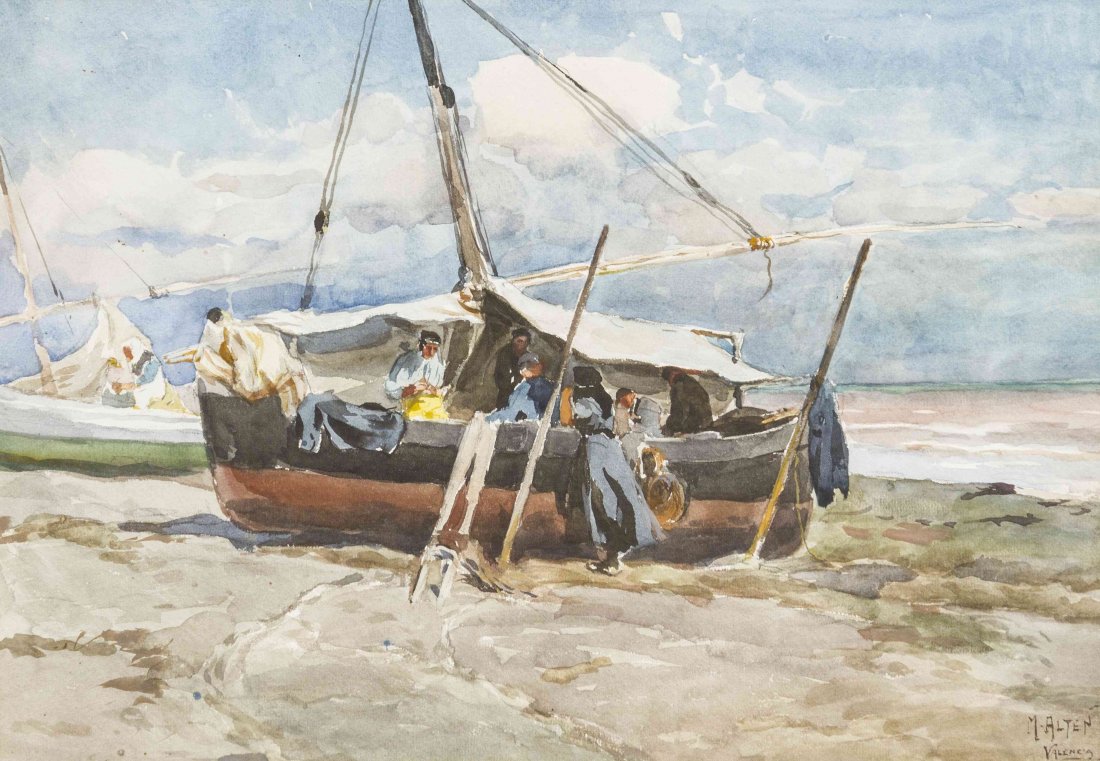 Mathias Joseph Alten, (American, 1871-1938), Fishing: Mathias Joseph Alten (American, 1871-1938) Fishing Boats, Valencia watercolor signed M. Alten and inscribed (lower right) 14 x 19 1/2 inches.