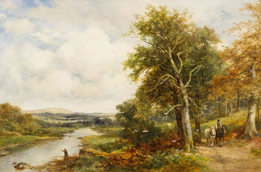 David Bates, (British, 1840-1921), Whorfsdale, 1908: David Bates (British, 1840-1921) Whorfsdale, 1908 oil on canvas signed David Bates and dated (lower right); signed, titled and dated (verso) 16 x 24 inches. Provenance: The Coo