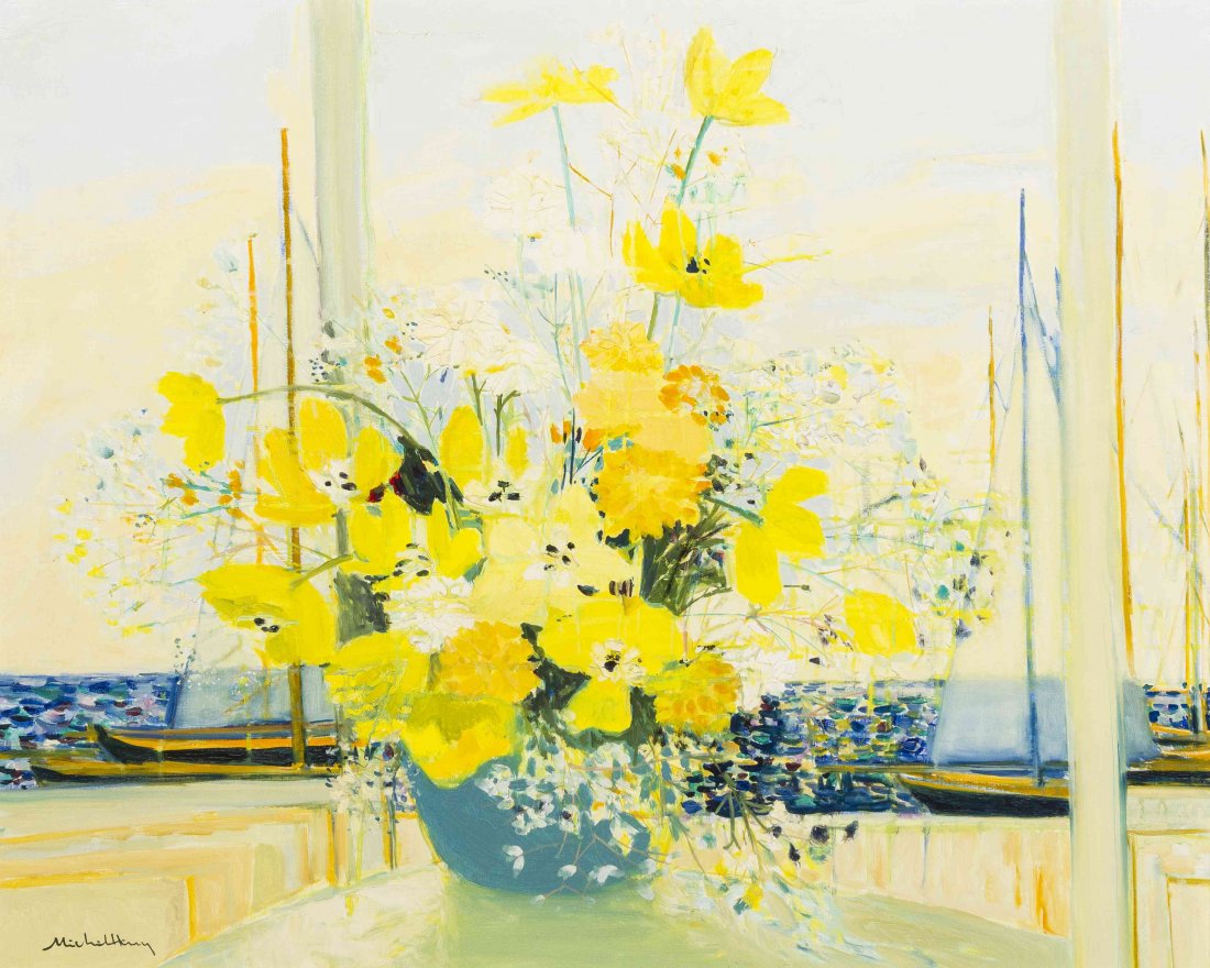 Michel-Henry, (French, b. 1928), Flowers with Harbored: Michel-Henry (French, b. 1928) Flowers with Harbored Sail Boats oil on canvas signed Michel Henry (lower left) 32 x 39 3/4 inches. Provenance: Findlay Galleries Inc., Chicago,