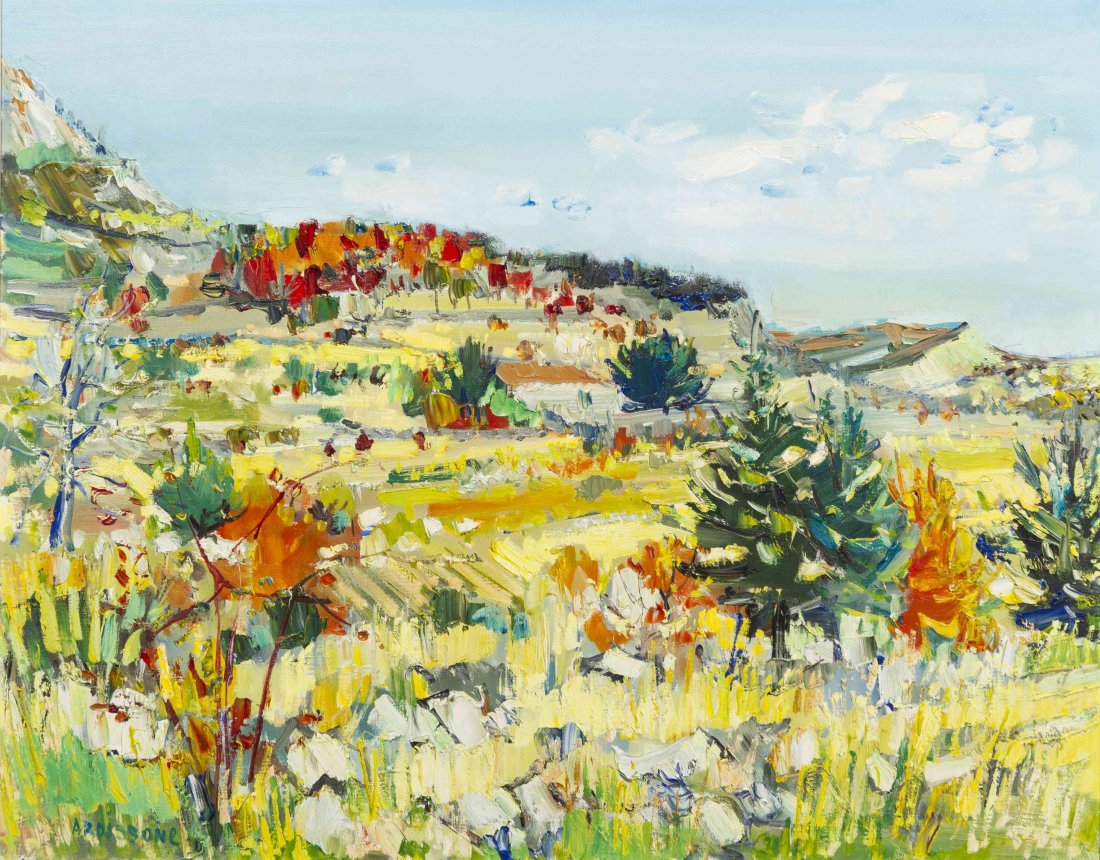Yolande Ardissone, (French, b. 1927), Yellow Hill: Yolande Ardissone (French, b. 1927) Yellow Hill oil on canvas signed Ardisonne (lower left) 30 3/4 x 38 inches. Property from the Collection of the Joan Steger Trust, Northfield, Illi