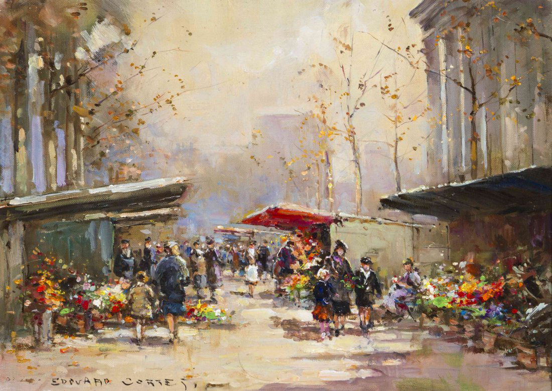 Edouard Leon Cortes, (French, 1882-1969), Marche aux fl: Edouard Leon Cortes (French, 1882-1969) Marche aux fleurs, Madeleine oil on canvas signed Edouard Cortes (lower left) 13 1/4 x 18 inches. David Klein has kindly confirmed the auth