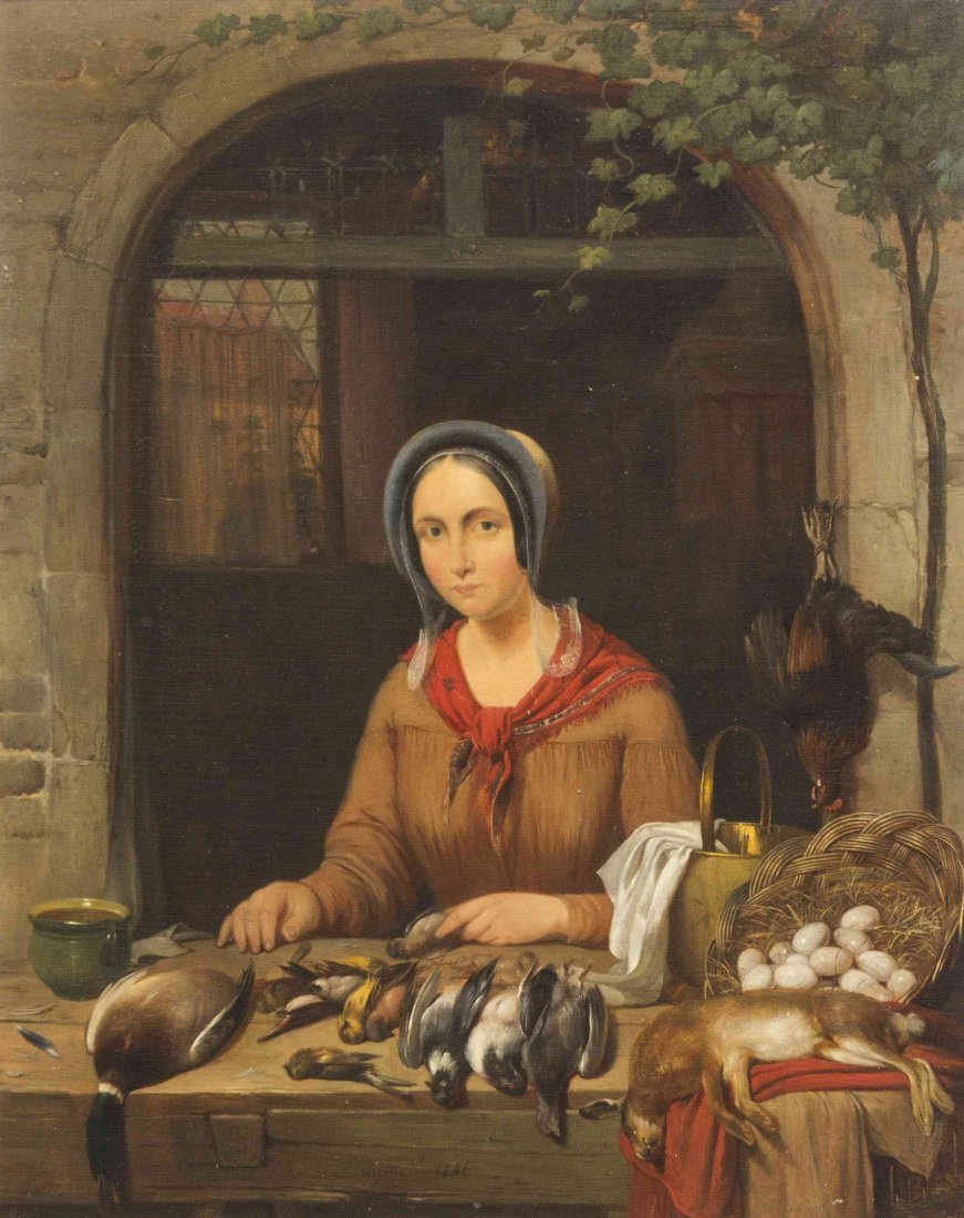 .Felix Louis Pluyms, (Dutch, 1814-1882), Untitled: Felix Louis Pluyms (Dutch, 1814-1882) Untitled (Seated Woman), 1846 oil on panel signed Louis Pluyens (lower center) 20 x 15 3/4 inches.