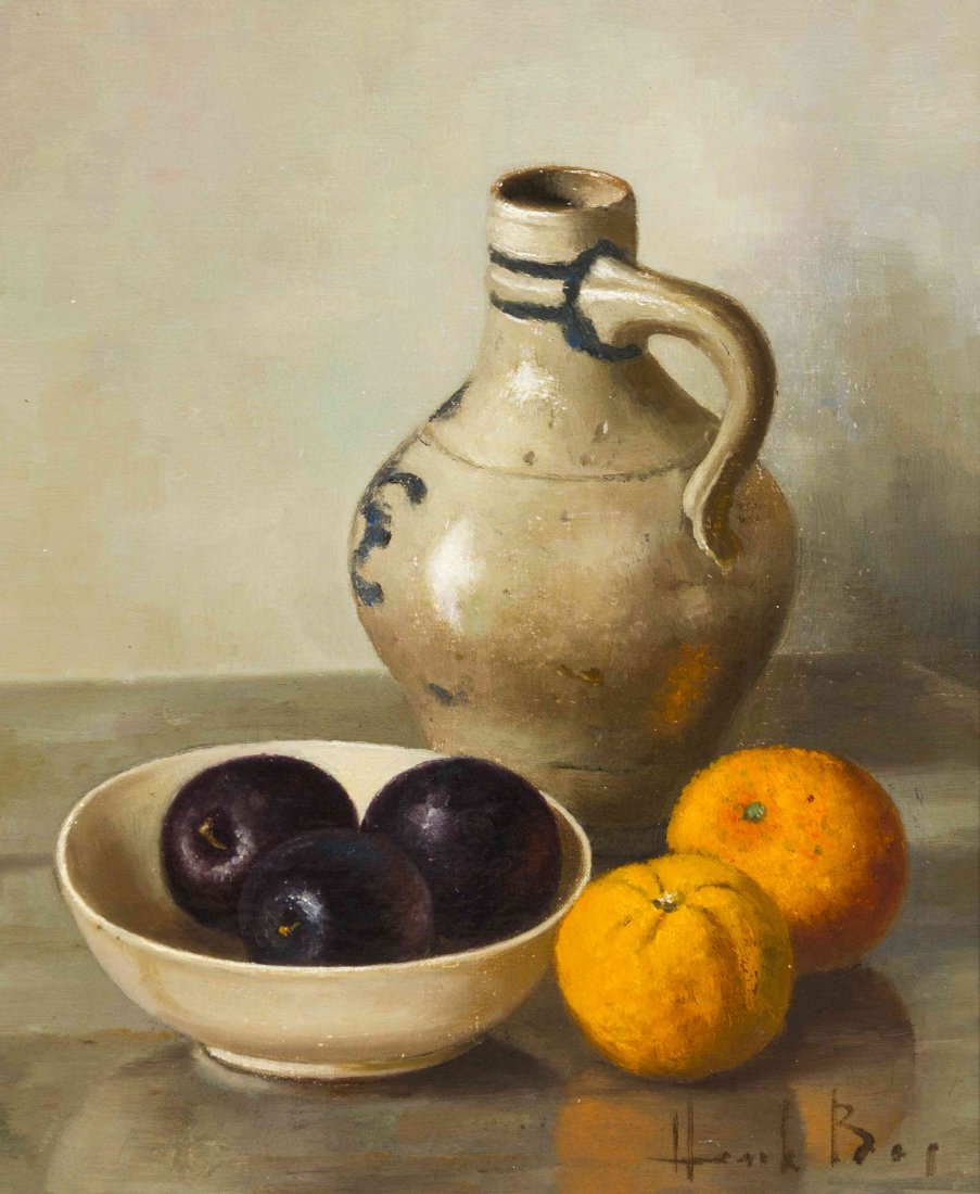 Henk Bos, (Dutch, 1901-1979), Still Life with Fruit and: Henk Bos (Dutch, 1901-1979) Still Life with Fruit and Jug oil on canvas signed Hank Bos (lower right) 14 x 12 inches.