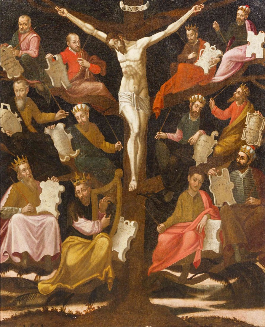 Nicola de Barbari, (Italian, 17th century), Christ on: Nicola de Barbari (Italian, 17th century) Christ on the Tree of Jesse oil on canvas 33 1/4 x 27 1/2 inches.