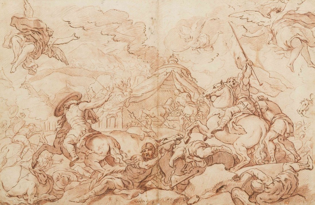 (Continental School), (17th century), A Pair of Battle: (Continental School) (17th century) A Pair of Battle Scenes ink with wash on paper Each: 19 x 29 1/4 inches. Property from the Estate of Mr. and Mrs. David Weil, Chicago, Illinois