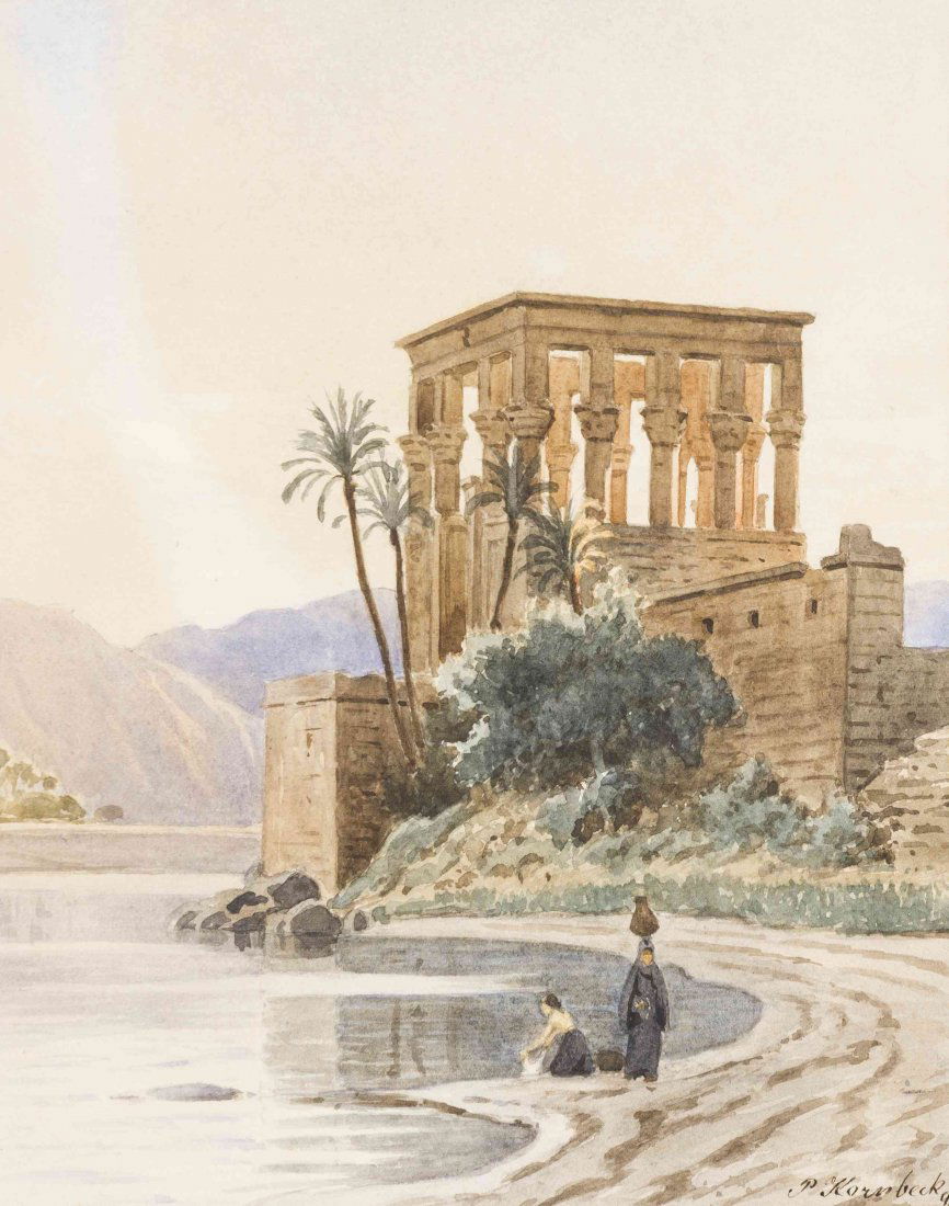 Peter Kornbeck, (Danish, 1837-1894), Washing at the: Peter Kornbeck (Danish, 1837-1894) Washing at the Ruins watercolor signed P. Kornbeck (lower right) 10 x 8 inches. Property from the Estate of Louis M. and Linda M. Byron, Tucson, Ari