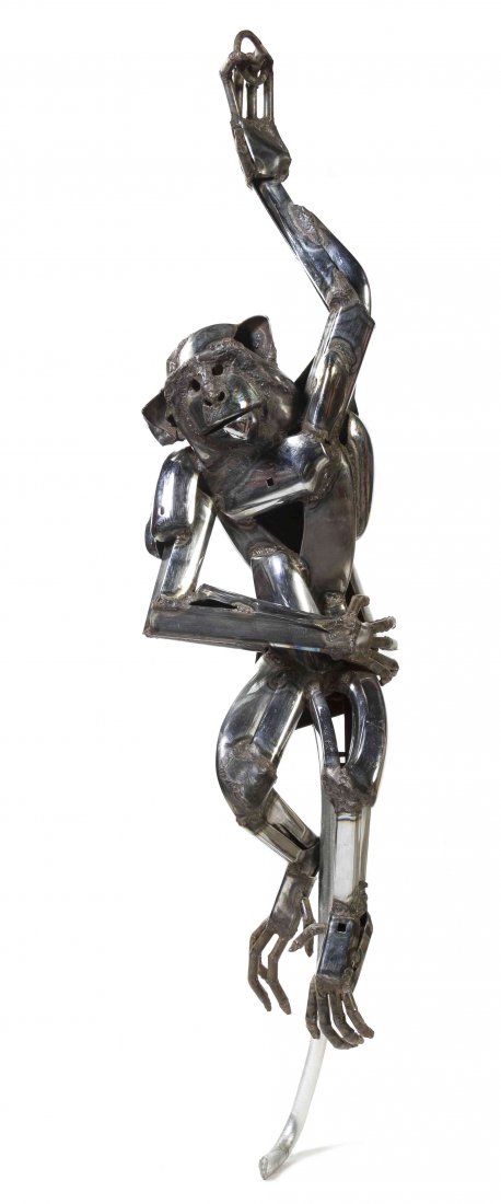 John Kearney, (American, b. 1924), Monkey, 1973: John Kearney (American, b. 1924) Monkey, 1973 chrome steel bumper parts Height: 72 inches.