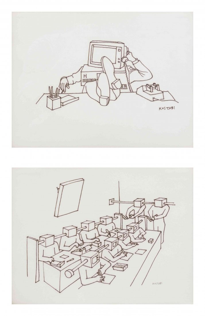 Mark Kostabi, (American, b. 1960), Computer-Headed: Mark Kostabi (American, b. 1960) Computer-Headed Bourgeoisie and Computer-Headed Proletariat (a pair of works) ink on paper signed Kostabi (lower right) Each 9 x 11 inches.