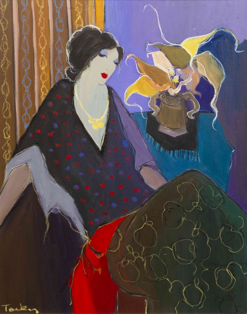 Itzchak Tarkay, (Yugoslavian, 1935-2012), Untitled: Itzchak Tarkay (Yugoslavian, 1935-2012) Untitled (Woman with Plant) oil on canvas signed Tarkay (lower left) 36 1/4 x 28 1/2 inches. Provenance: Wentworth Gallery, Chicago, Ill
