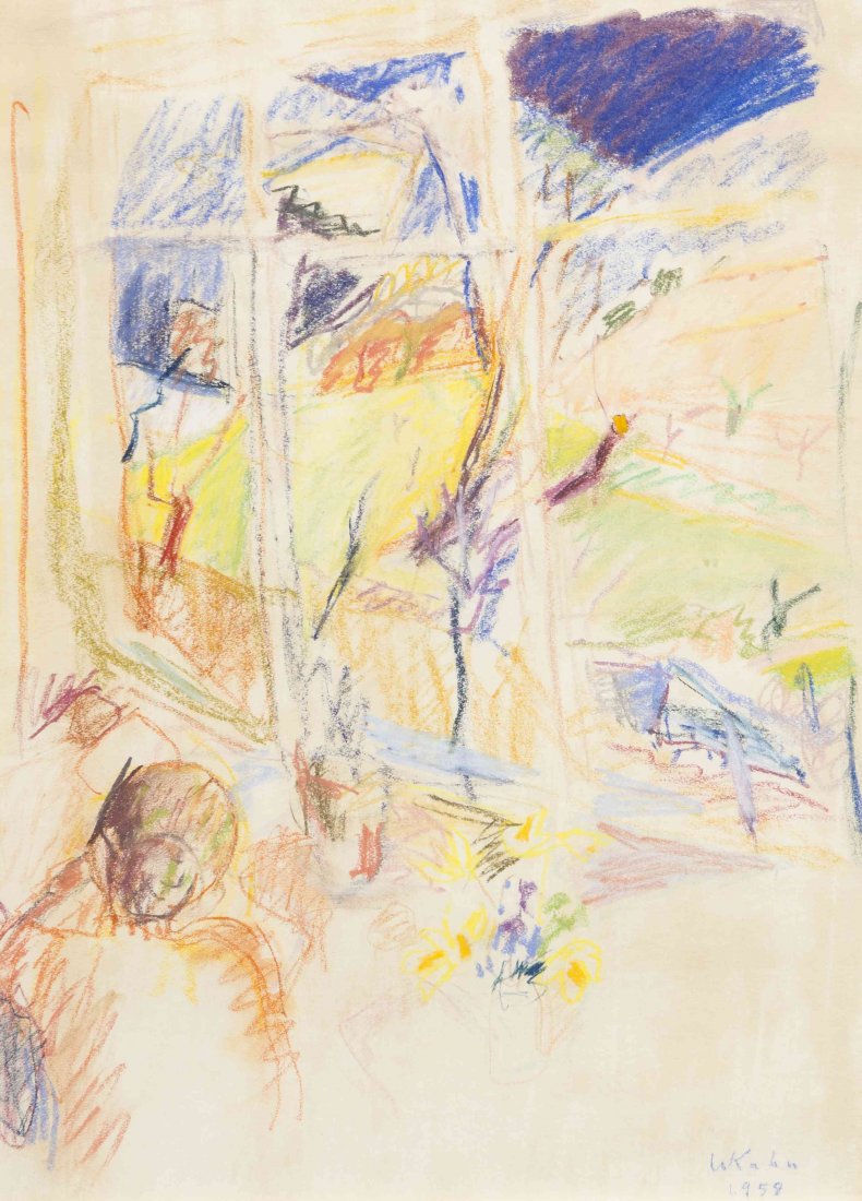 Wolf Kahn, (American/German, b. 1927), Woman Looking: Wolf Kahn (American/German, b. 1927) Woman Looking Out Bay Window, 1958 pastel on paper signed W. Kahn and dated (lower right) 23 1/4 x 17 1/4 inches.