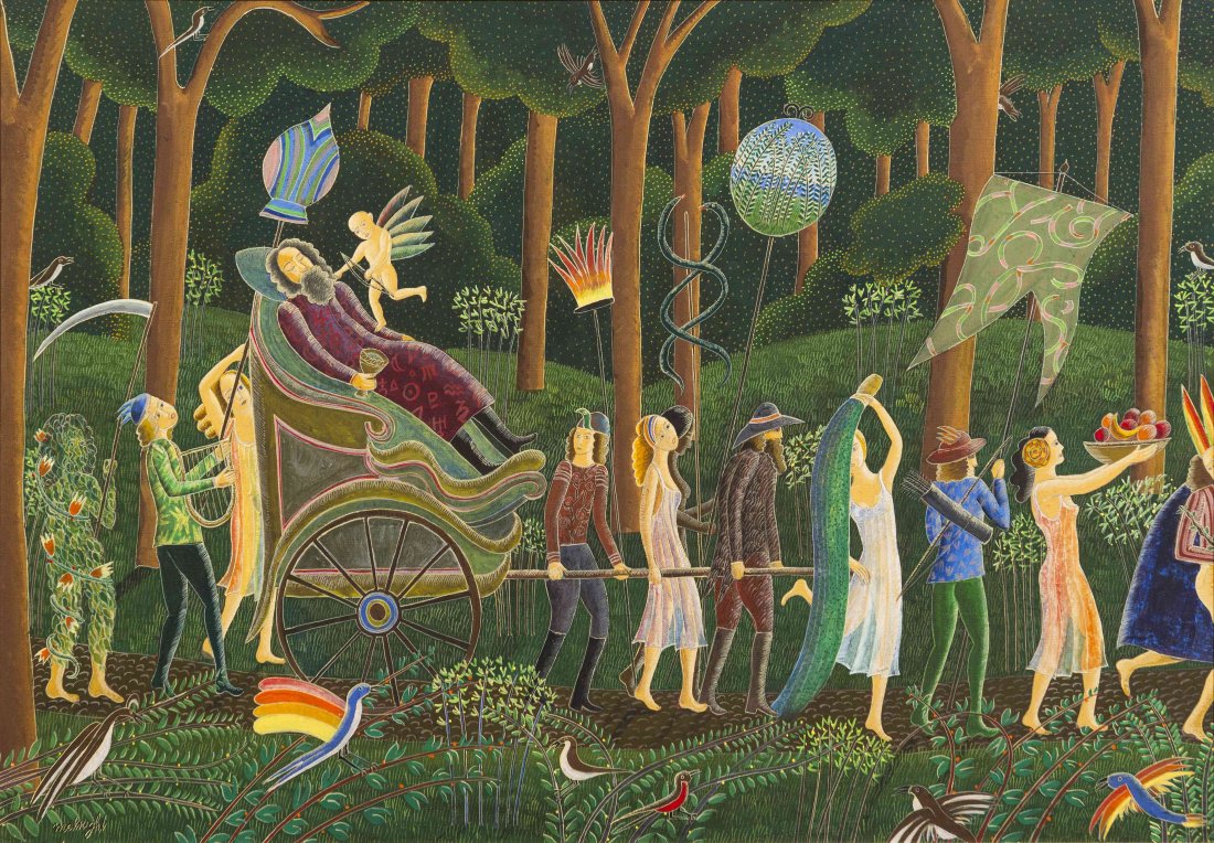 Thomas McKnight, (American, b. 1941), Procession: Thomas McKnight (American, b. 1941) Procession oil on canvas signed McKnight (lower left) 27 1/2 x 39 1/2 inches. Provenance: Wentworth Gallery, Chicago, Illinois