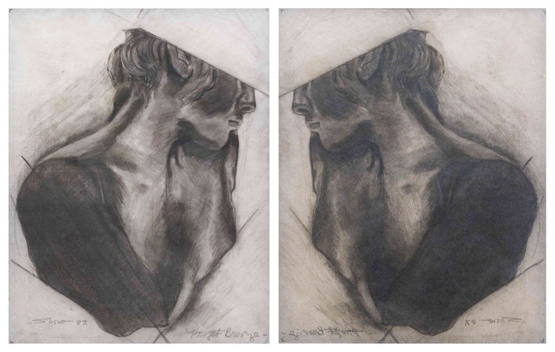 Sacha Sosno, (French, b. 1937), Study for La paille: Sacha Sosno (French, b. 1937) Study for La paille dans l'oeil du voisia and Project Bronze (a pair of works), 1987 charcoal and graphite on paper Each: signed Sosno and dated