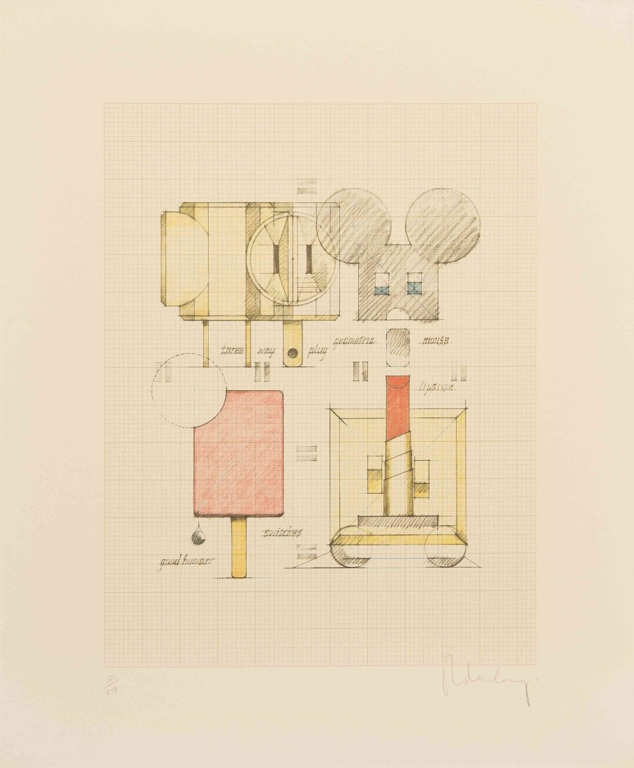 Claes Oldenburg, (American, b. 1929), System of: Claes Oldenburg (American, b. 1929) System of Iconography - plug, mouse, good humor, lipstick, switches color offset lithograph edition 151/250, signed Oldenburg (lower right) 20 1/4 x 15 1