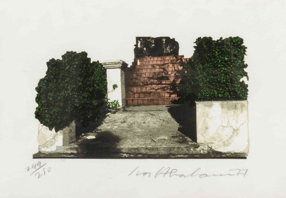 Ivor Abrahams, (British, b. 1935), Oxford Gardens, 1977: Ivor Abrahams (British, b. 1935) Oxford Gardens, 1977 screenprint and embossing edition 249/250, signed Ivor Abrahams and dated (lower right) 6 1/2 x 11 1/4 inches. Provenance: