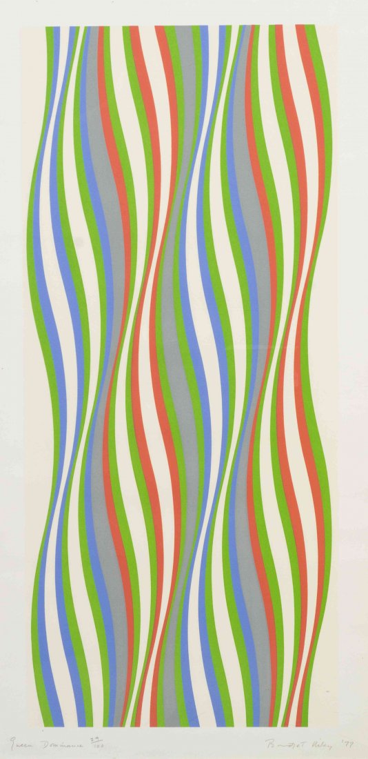 Bridget Riley, (British, b. 1931), Green Dominance,: Bridget Riley (British, b. 1931) Green Dominance, 1977 color silkscreen; Pace Editions, New York, pub. edition 29/100, signed Bridget Riley, titled and dated (lower right) 38 1/2 x 19 5/8 in