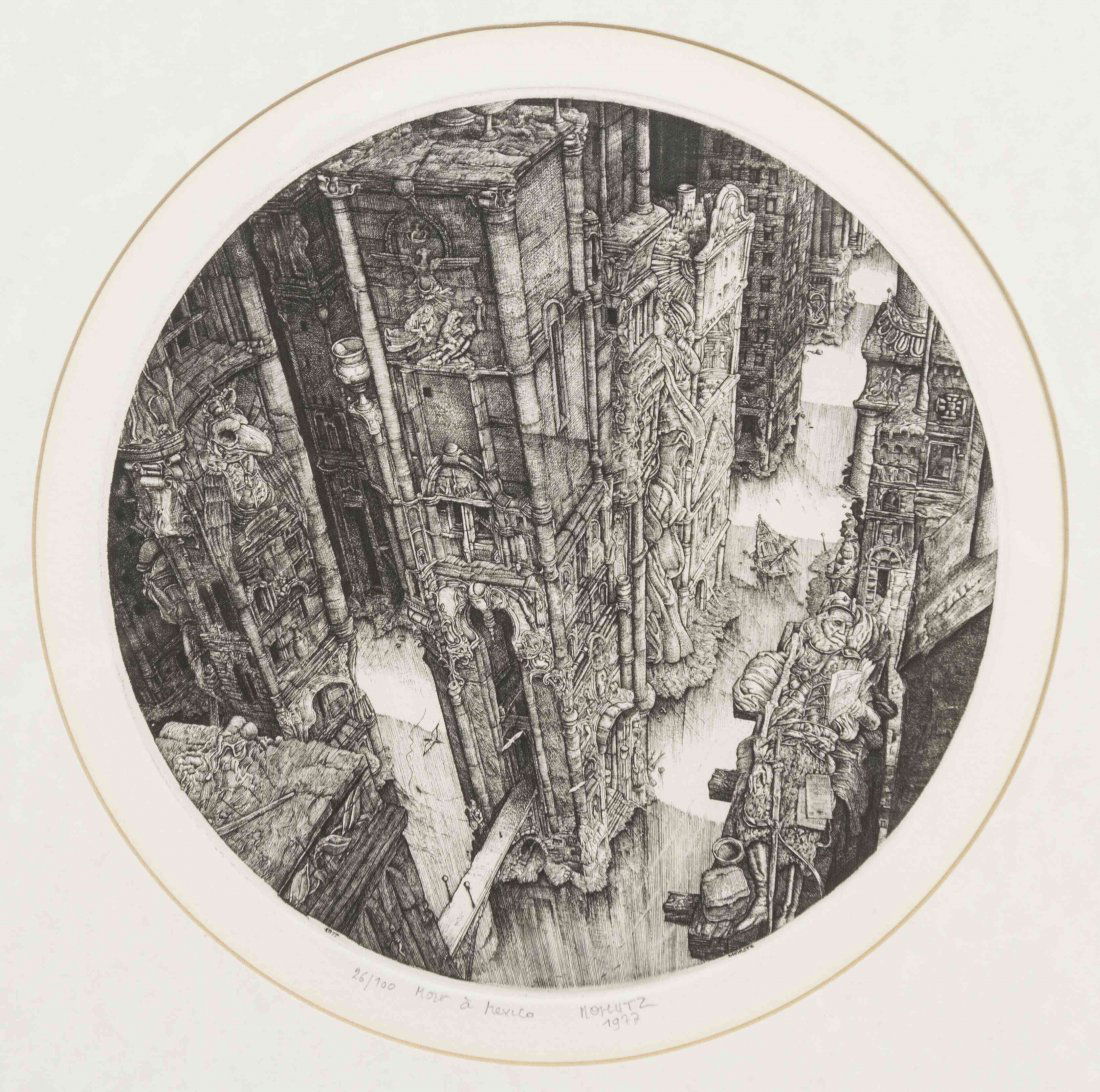 Philippe Mohlitz, (American, b. 1941), Mort a Mexico,: Philippe Mohlitz (American, b. 1941) Mort a Mexico, 1977 etching edition 26/100, signed Mohlitz (lower center) Diameter: 7 inches.