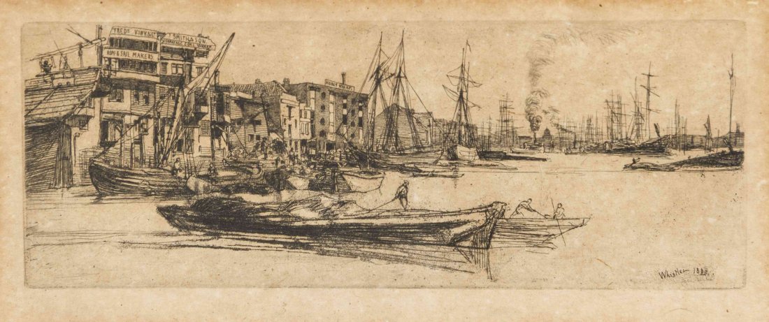 James Abbott McNeill Whistler, (American, 1834-1903),: James Abbott McNeill Whistler (American, 1834-1903) Thames Warehouses, 1859 etching 3 x 7 7/8 inches. Ref: Kennedy, 38