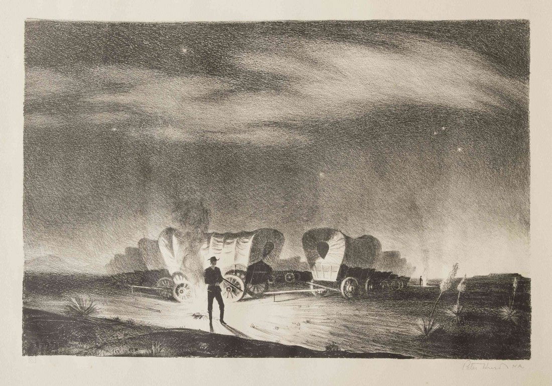 Peter Hurd, (American, 1904-1984), Sentinel... Santa Fe: Peter Hurd (American, 1904-1984) Sentinel... Santa Fe Trail, circa 1946 lithograph; Lynton R. Kistler, Los Angeles, pub. edition 500, signed Peter Hurd (lower right) 13 x 19 1/2 inches.