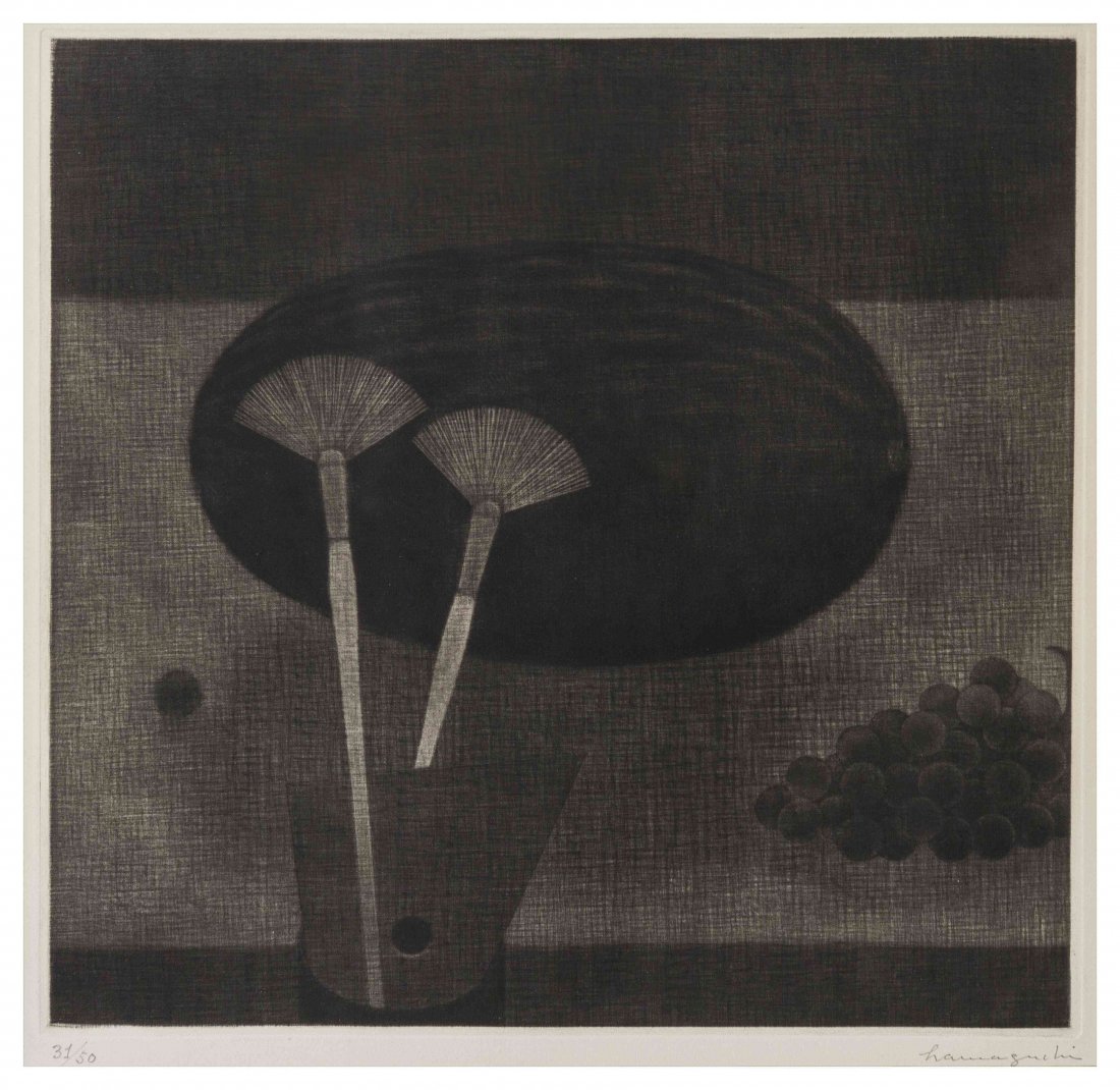 Yozo Hamaguchi, (Japanese, 1909-2000), Melon and: Yozo Hamaguchi (Japanese, 1909-2000) Melon and Brushes, 1955 mezzotint edition 31/50, signed hamaguchi (lower right) 11 1/2 x 11 1/2 inches.
