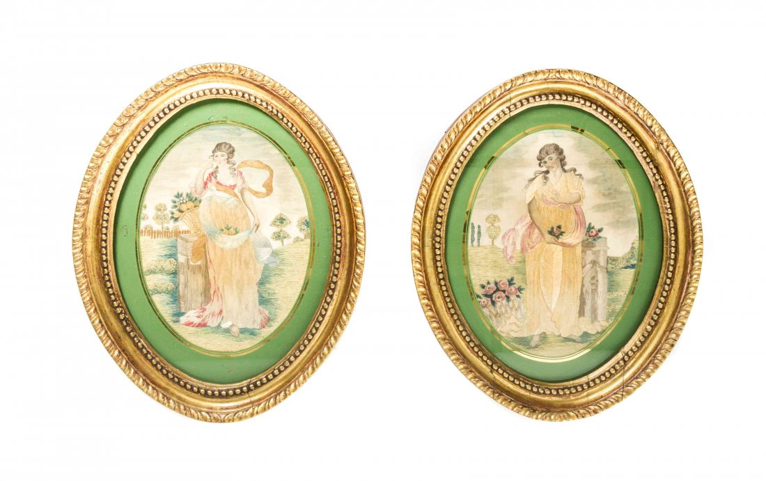 A Pair of English Silk Needlework Pictures, Height 7: A Pair of English Silk Needlework Pictures, circa 1790, one depicting a maiden with a basket of red roses, the other with lemons, each in an oval giltwood frame. Height 7 1/2 x width 5 1/2 inches. Pro