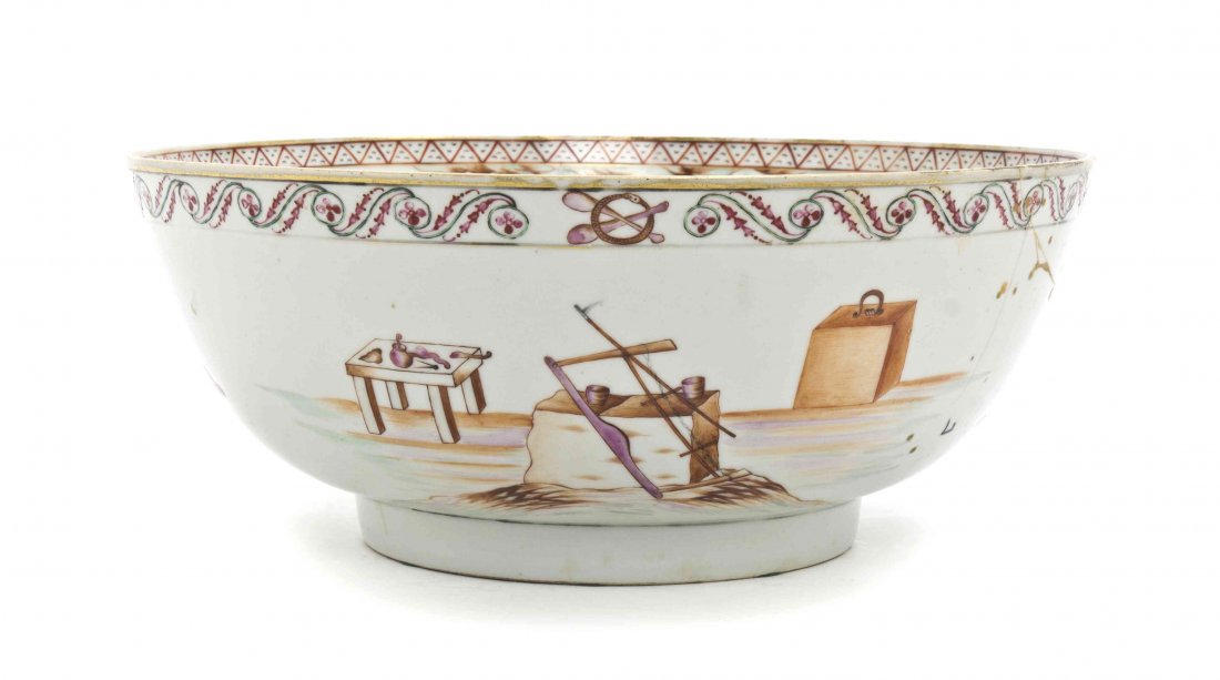 A Chinese Export Porcelain Masonic Bowl, Diameter 11: A Chinese Export Porcelain Masonic Bowl, decorated with various symbols pertaining to the sciences. Diameter 11 5/8 inches. Property from the Collection of Dan Johnson, Chicago, Illinois