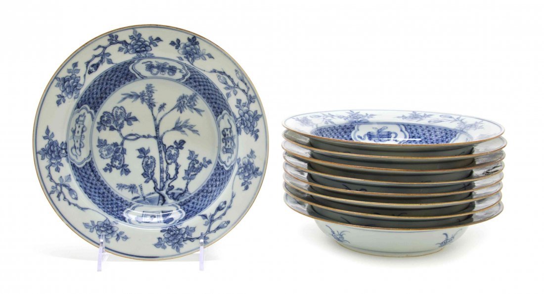 A Set of Nine Chinese Export Porcelain Bowls, Diameter: A Set of Nine Chinese Export Porcelain Bowls, each having blue on white decoration. Diameter 8 3/4 inches. Property from the Collection of Dan Johnson, Chicago, Illinois
