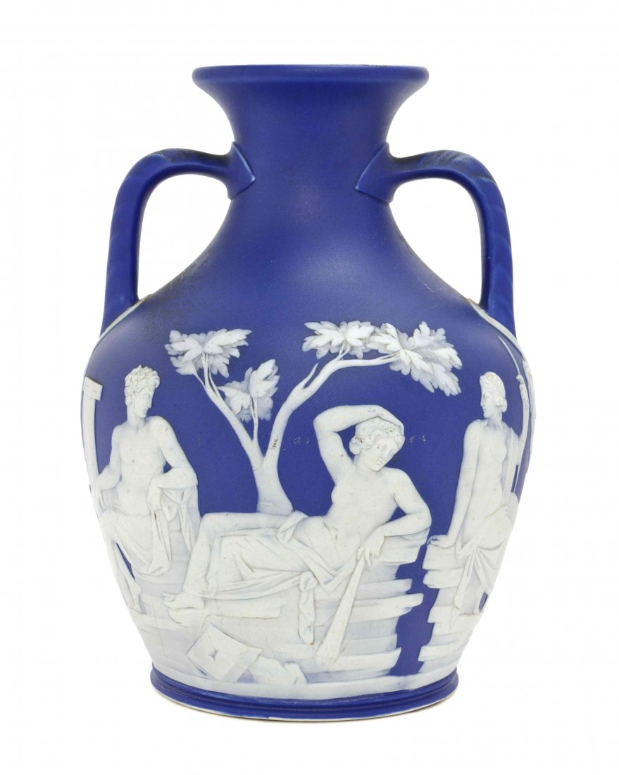 A Wedgwood Jasperware Portland Vase, Height 10 3/4: A Wedgwood Jasperware Portland Vase, of robust baluster form with twin handles mounted to the neck, the underside impressed Wedgwood. Height 10 3/4 inches.