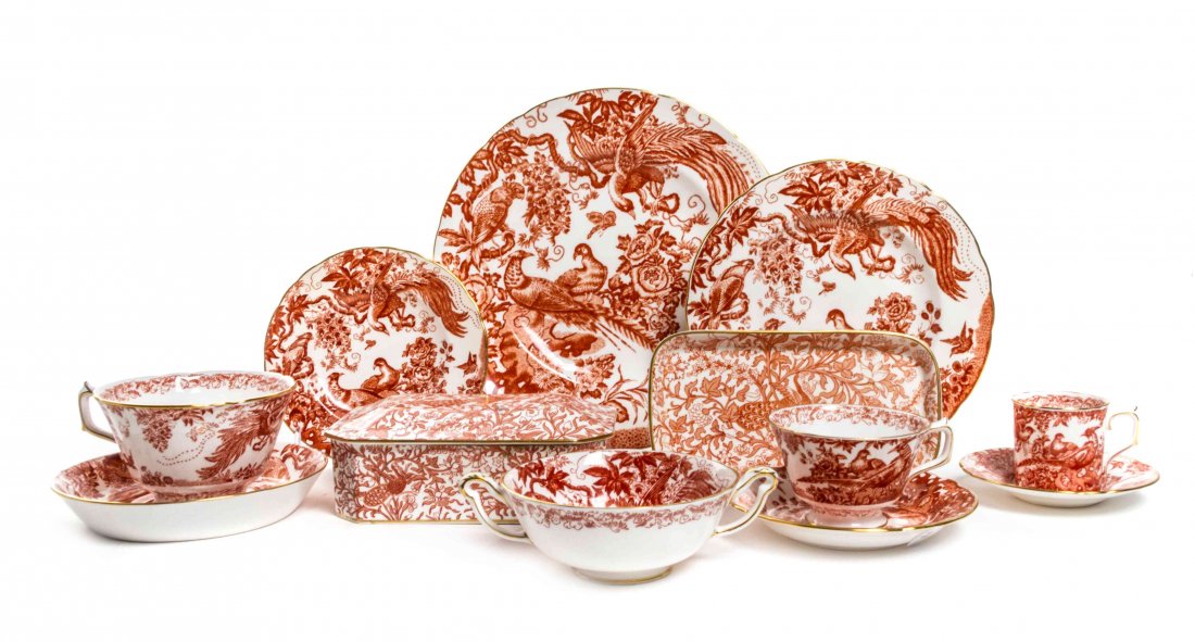 A Royal Crown Derby Porcelain Dinner Service, Diameter: A Royal Crown Derby Porcelain Dinner Service, in the Red Aves pattern comprising 26 dinner plates, 23 dessert plates, 25 bread plates, 6 soup bowls, 7 salad dishes, 19 coffee cans, 19 coffee can sauce