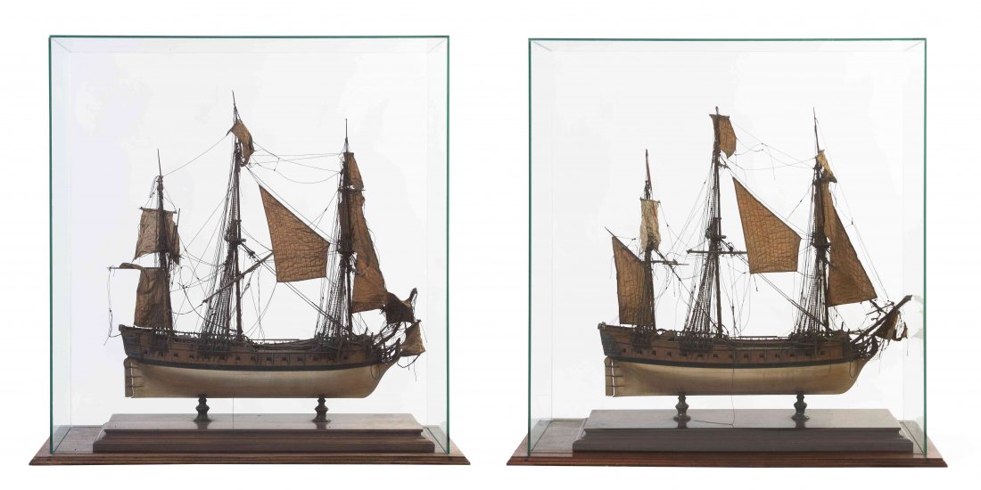 A Pair of French Presentation Ship Models, Width of: A Pair of French Presentation Ship Models, circa 1770, each modeled as a French naval frigate commonly used at the time, raised on a wood plinth base, set in a custom case. Width of case 27 inches. Pr