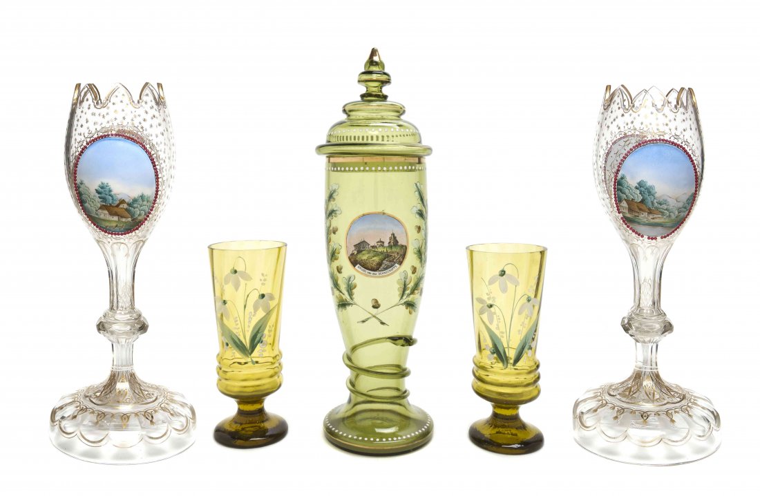 Five Bohemian Enameled Amber Glass Articles, Height of: Five Bohemian Enameled Amber Glass Articles, comprising a covered urn with a roundel of a building, a pair of beakers painted to show floral sprays and two vases. Height of tallest 13 1/2 inches.