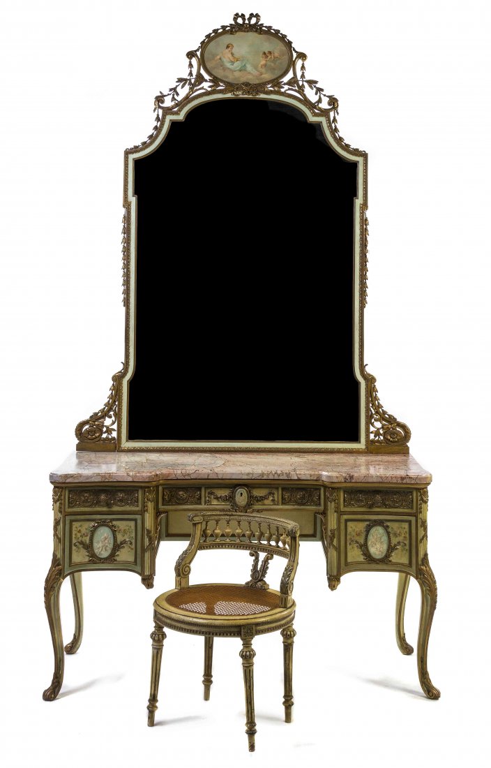 A Louis XV Style Painted and Parcel Gilt Dressing: A Louis XV Style Painted and Parcel Gilt Dressing Table, the superstructure having a segmented glass mirror beneath a painted roundel depicting a woman and two putti, the base having a block front for