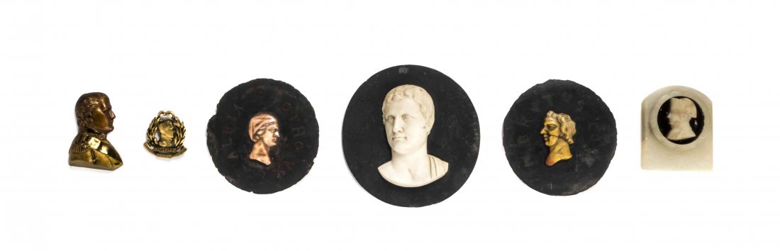 A Collection of Six Continental Profile Medallions,: A Collection of Six Continental Profile Medallions, comprising three depicting Napoleon, two in gilt metal, one in alabaster and three depicting Roman figures set on a slate base. Diameter of largest
