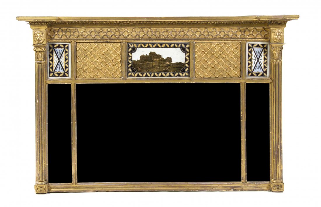 A Federal Giltwood Over Mantel Mirror, Height 27 1/2 x: A Federal Giltwood Over Mantel Mirror, circa 1810, the projecting cornice with acanthus leaf decoration over an eglomise panel of a country house flanked by trellis panels and eglomise panels, all wit