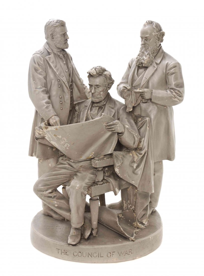 An American Painted Plaster Figural Group, John Rogers: An American Painted Plaster Figural Group, John Rogers (1829-1904), Council of War, depicting President Lincoln receiving the map of battle from General Ulysses S. Grant and Secretary of War Edwin M.