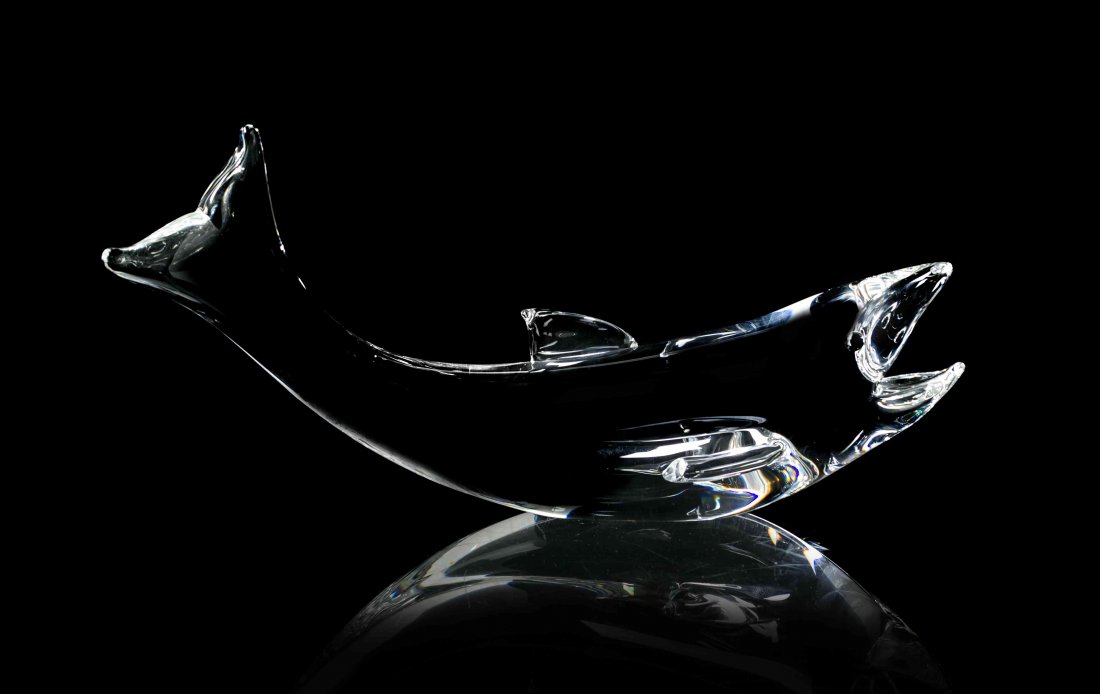 A Steuben Glass Sculpture, Width 15 1/4 inches.: A Steuben Glass Sculpture, Salmon, designed by James Houston, model 8302, introduced in 1975, depicting a stylized fish. Width 15 1/4 inches. Property from the Collection of Paul Mavros and David Valk