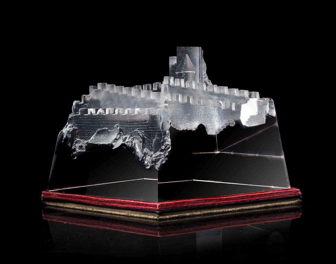 A Steuben Molded and Frosted Glass Architectural: A Steuben Molded and Frosted Glass Architectural Sculpture, Castle of Dreams, designed by David Dowler, model 1131, introduced in 1986, depicting a castle signed Steuben and further marked D, set on a