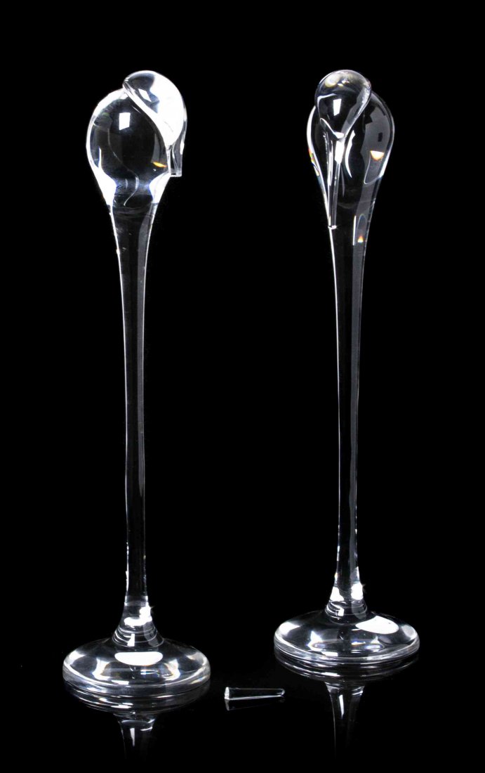 Two Steuben Glass Sculptures, Height of taller 13 1/4: Two Steuben Glass Sculptures, Graceful Heron and Young Heron, designed by Taf Lebel Schaefer, models 8893 and 8894, introduced in 2000, each depicting a stylized bird. Height of taller 13 1/4 inches.