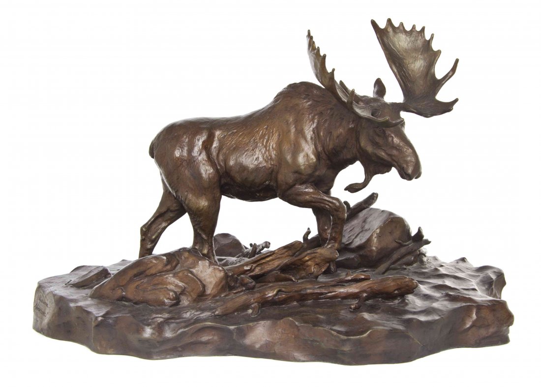 An American Bronze Animalier Figure, Clark Bronson: An American Bronze Animalier Figure, Clark Bronson (American, b.1939), Upstream Adventure, depicting a moose walking upstream, signed and dated 1973, numbered 34/50. Width 21 inches. Property from the