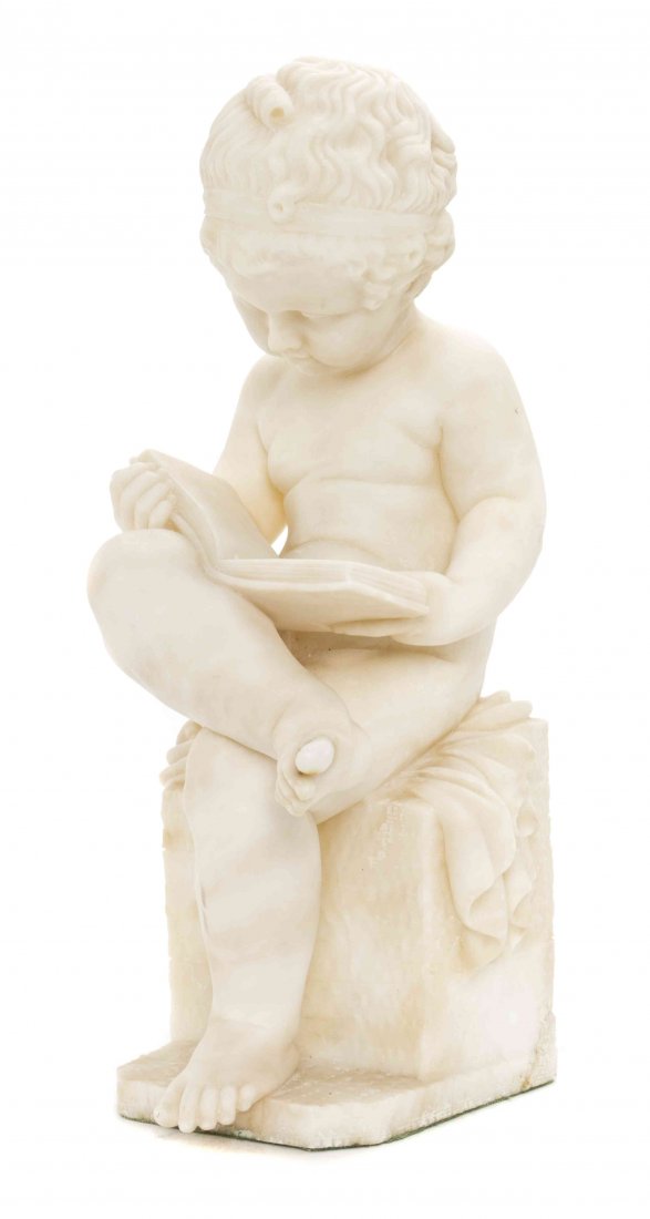 An Italian Carved Alabaster Figure, Height 16 3/4: An Italian Carved Alabaster Figure, 19th/20th century, depicting a classical boy with a headband sitting on a pedestal reading. Height 16 3/4 inches. Property from the Estate of Nicholas and Arleen Ra