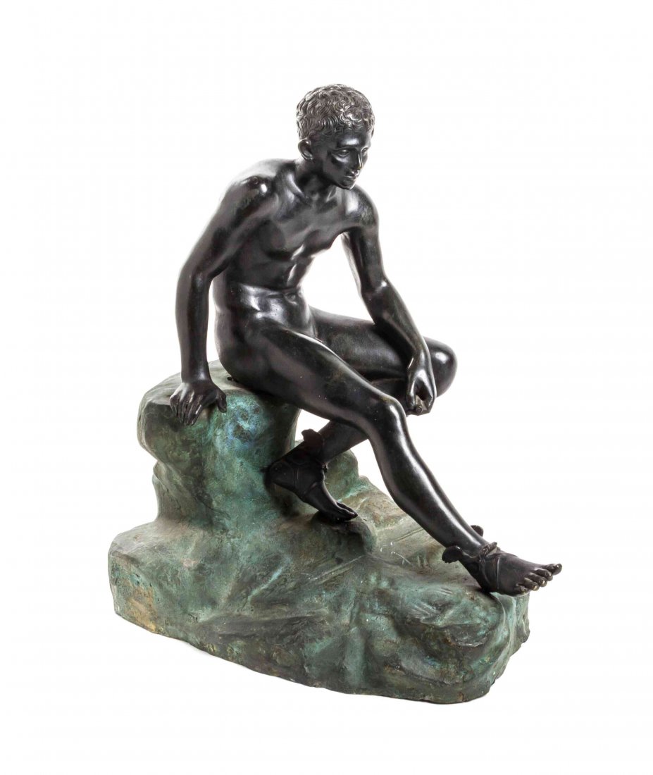 A Continental Grand Tour Bronze, after the Antique,: A Continental Grand Tour Bronze, after the Antique, depicting a seated Mercury upon a naturalistic rocky base. Height 20 inches.