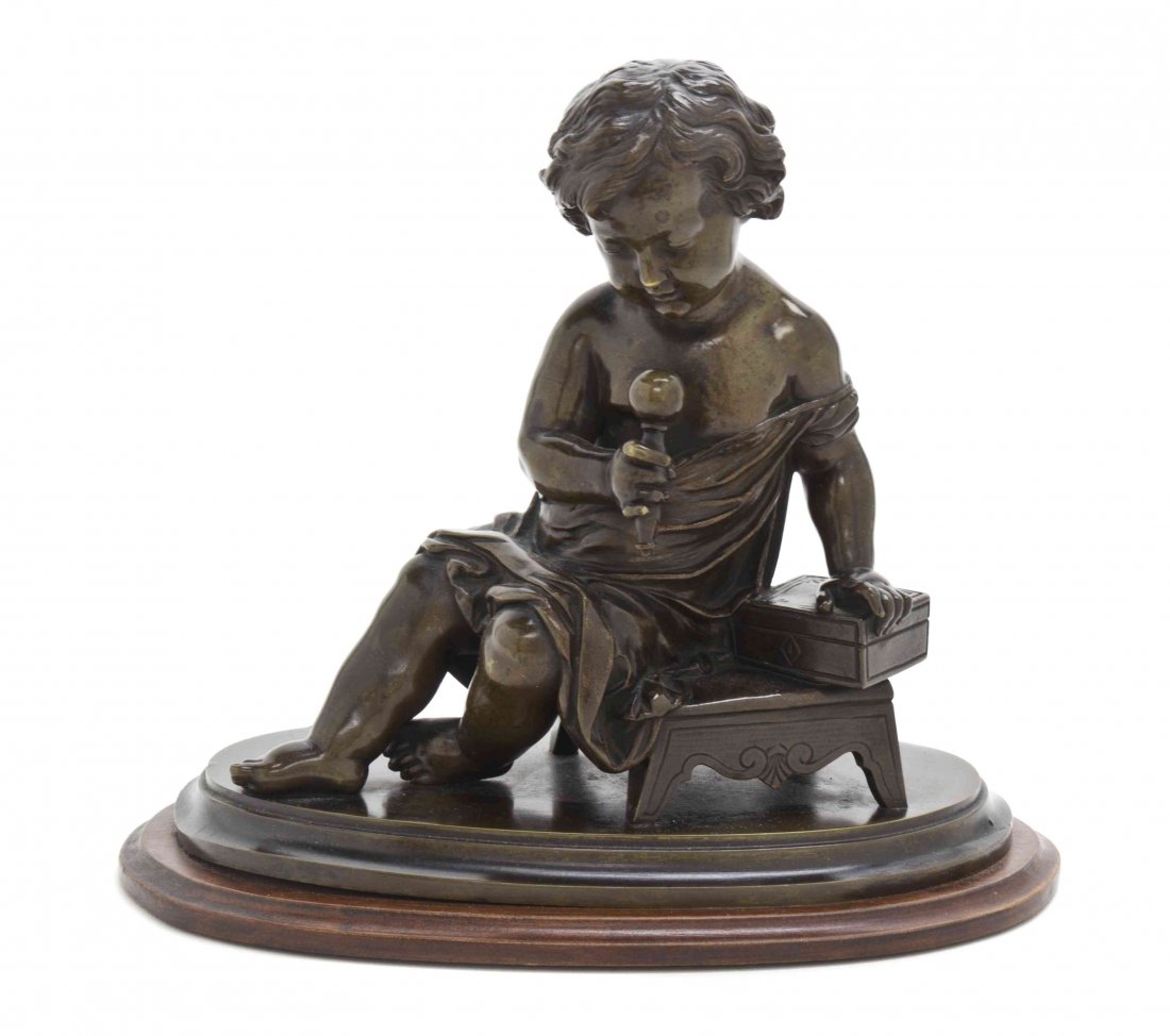 A Continental Bronze Figure, Width 9 1/2 inches.: A Continental Bronze Figure, modeled as a draped child sitting on a stool, raised on a shaped base and further set on a carved wood plinth. Width 9 1/2 inches.