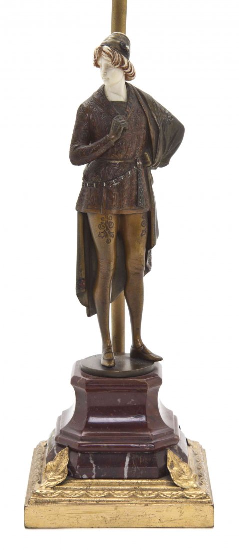A German Bronze and Ivory Figure, Hans Keck (active: A German Bronze and Ivory Figure, Hans Keck (active 1900-1922), depicting a man in Renaissance costume, signed H. Keck fec., raised on a stepped rouge marble and gilt bronze base, mounted as a lamp. H