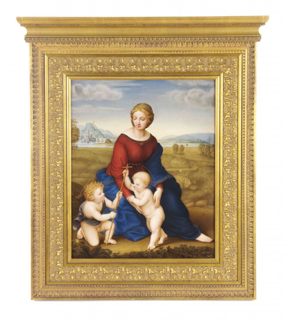 A Royal Vienna Porcelain Plaque, Height of plaque 15: A Royal Vienna Porcelain Plaque, depicting Madonna, Jesus and St. John after a painting by Raphael, impressed with shield mark in underglaze blue and numbered 35/854, set in a later giltwood frame. He