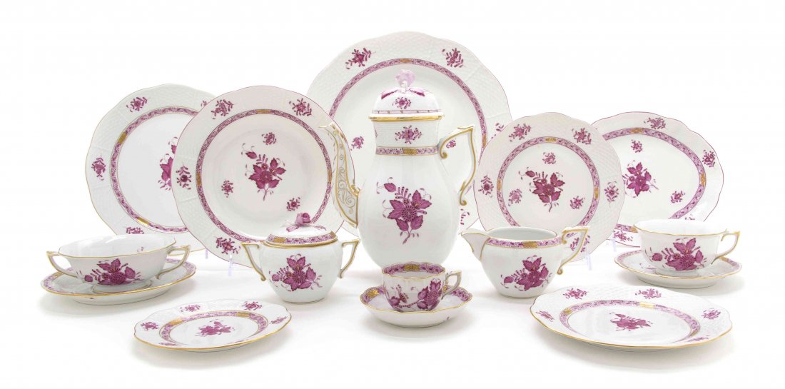 An Assembled Herend Porcelain Dinner Service for: An Assembled Herend Porcelain Dinner Service for Twelve, in the Chinese Bouquet pattern, comprising dinner plates, luncheon plates, salad plates, soup bowls, soup plates (11), bread plates (10), teacu
